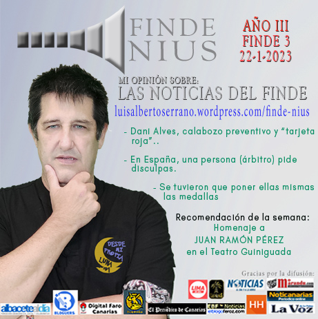 Mi opinión sobre las noticias de la semana FINDENIUS (Año 3, Finde 1). Hablo de: - Dani Alves, en calabozo preventivo y "tarjeta roja" - En España, una persona (árbitro) pide disculpas - Se tuvieron que poner ellas mismas las medallas. ... y mi recomendación: - Homenaje a Juan Ramón Pérez (Profetas de Mueble Bar)